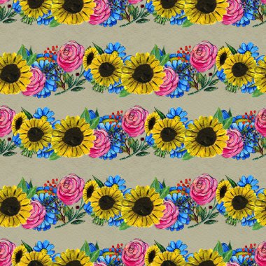 Mavi sarı ve pembe çiçekler ile Seamless Modeli