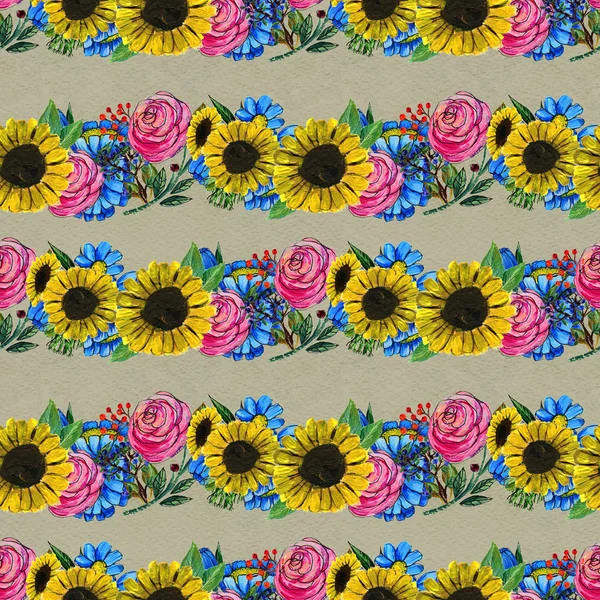 Χωρίς ραφή πρότυπο με μπλε, κίτρινα και ροζ λουλούδια — Φωτογραφία Αρχείου