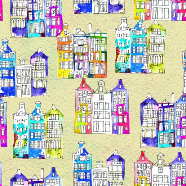 Seamless pattern eith watercolor Amsterdam houses