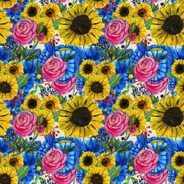 Mavi sarı ve pembe çiçekler ile Seamless Modeli