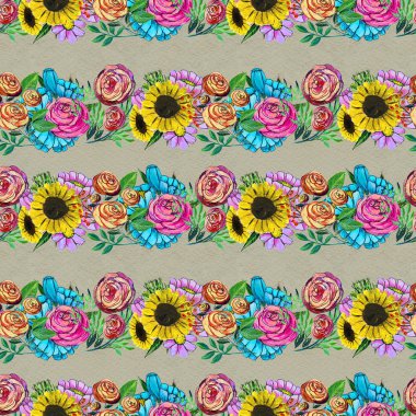 Mavi sarı ve pembe çiçekler ile Seamless Modeli