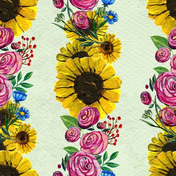Wzór z słoneczniki i róże — Zdjęcie stockowe