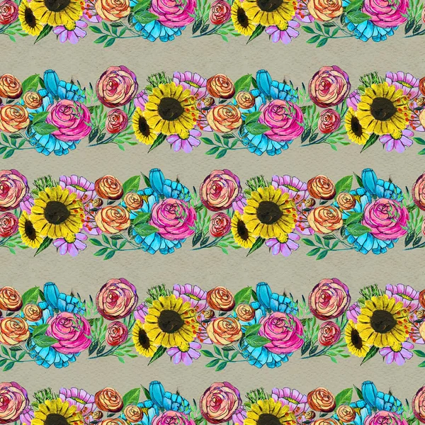 Seamless pattern with blue yellow and pink flowers — Stock Photo, Image