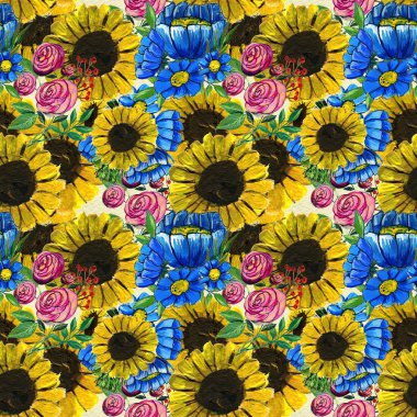 Mavi sarı ve pembe çiçekler ile Seamless Modeli