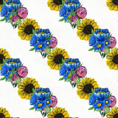 Mavi sarı ve pembe çiçekler ile Seamless Modeli