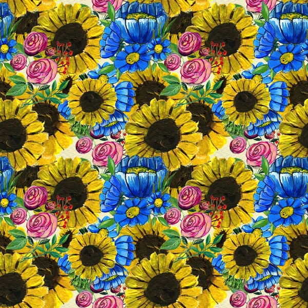 Wzór z niebieskie, żółte i różowe kwiaty — Zdjęcie stockowe
