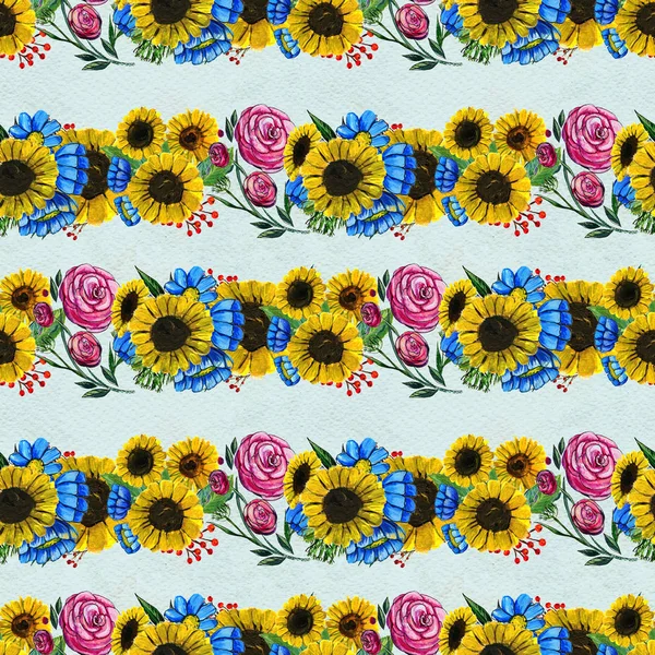 Seamless pattern with blue yellow and pink flowers — Stock Photo, Image