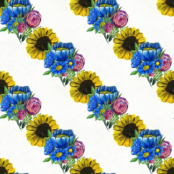 Zökkenőmentes minta kék sárga és rózsaszín virágokkal — Stock Fotó