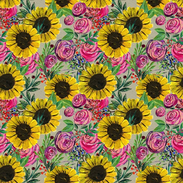 Seamless pattern with sunflowers and roses — Stock Photo, Image