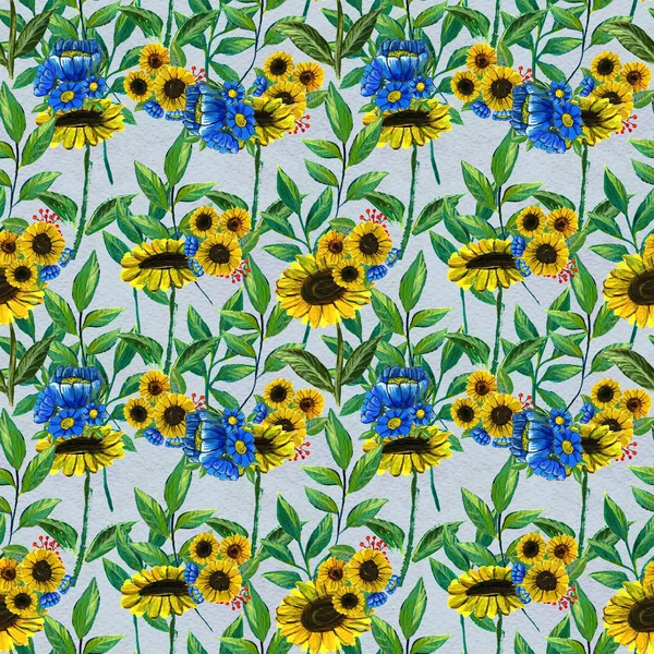 Nahtloses Muster mit Sonnenblumen und Wildblumen — Stockfoto