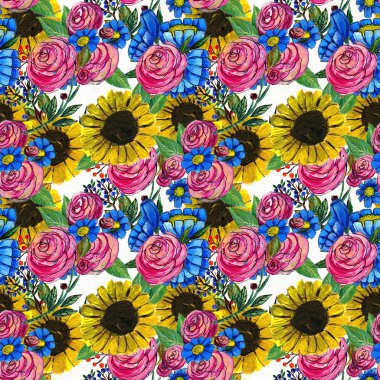 Mavi sarı ve pembe çiçekler ile Seamless Modeli