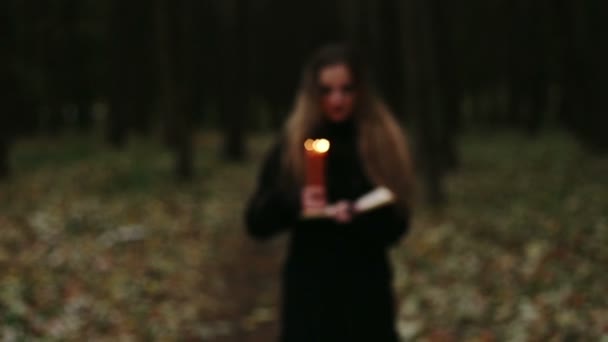 Μάγισσα με ένα βιβλίο και κεριά στο δάσος — Αρχείο Βίντεο