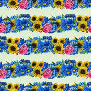 Mavi sarı ve pembe çiçekler ile Seamless Modeli