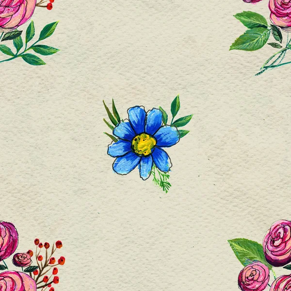 Modello senza cuciture con fiori blu e rosa — Foto Stock
