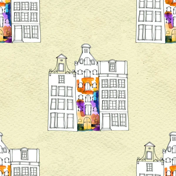 Seamless pattern eith watercolor Amsterdam houses