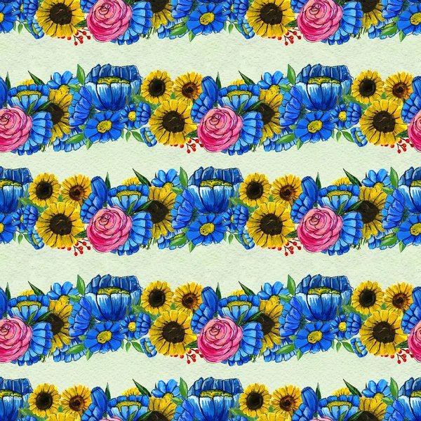 Modello senza cuciture con fiori gialli e rosa blu — Foto Stock