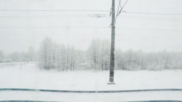 Blick aus dem Zugfenster auf die Winterlandschaft. — Stockvideo