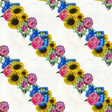 Mavi sarı ve pembe çiçekler ile Seamless Modeli