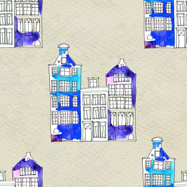 Seamless pattern eith watercolor Amsterdam houses