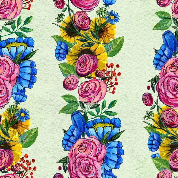 Patrón sin costuras con flores azules amarillas y rosadas — Foto de Stock