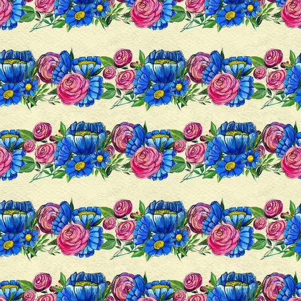 Seamless pattern with blue and pink flowers — Stock Photo, Image