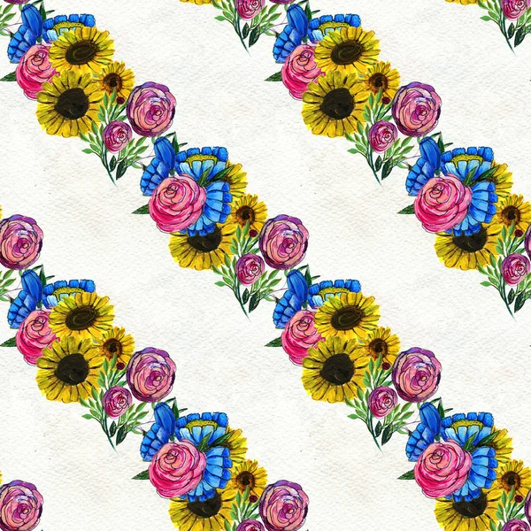 Mavi sarı ve pembe çiçekler ile Seamless Modeli
