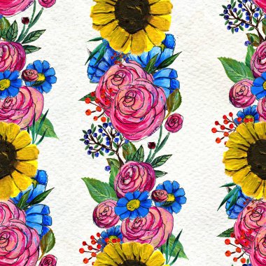 Mavi sarı ve pembe çiçekler ile Seamless Modeli