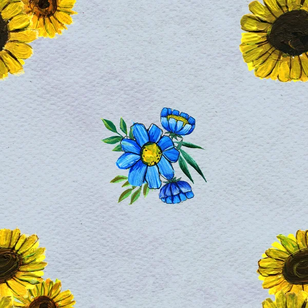 Wzór z słoneczniki i polne kwiaty — Zdjęcie stockowe
