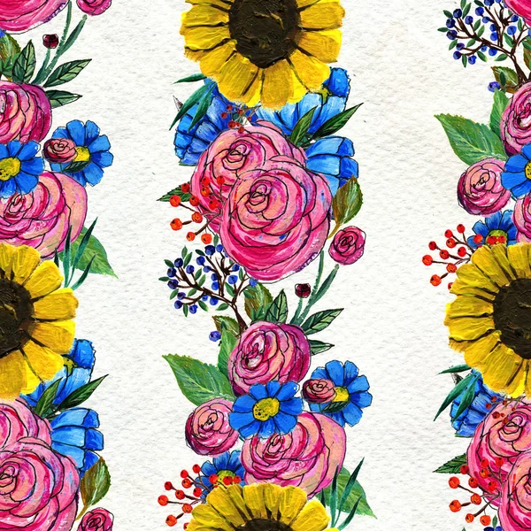 Seamless pattern with blue yellow and pink flowers — Stock Photo, Image