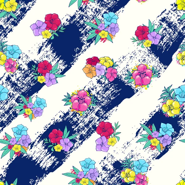 ストライプ ホワイト ブルー背景にエキゾチックなカラフルな花 — ストックベクタ