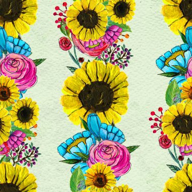 Mavi sarı ve pembe çiçekler ile Seamless Modeli