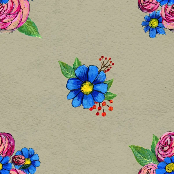 Seamless mönster med blå och rosa blommor — Stockfoto