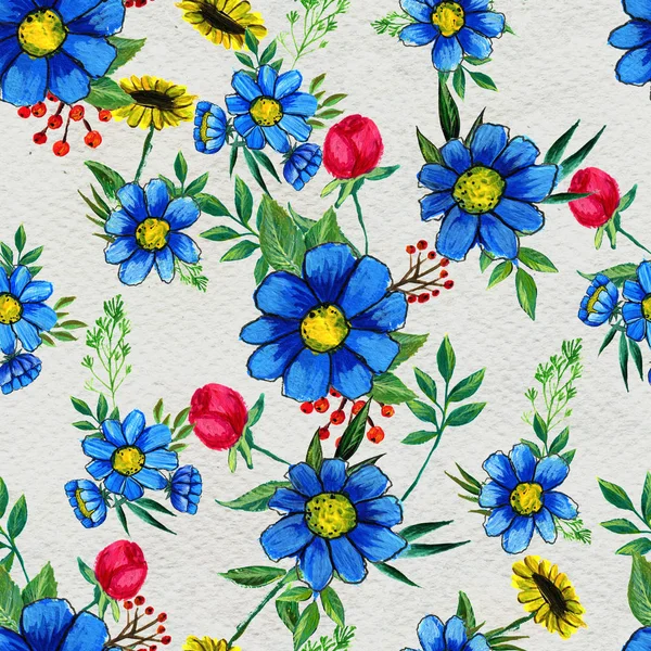 Mavi sarı ve pembe çiçekler ile Seamless Modeli