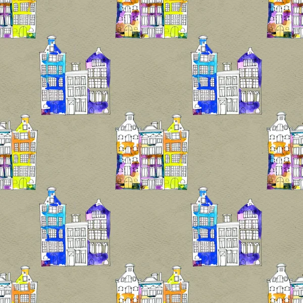 Seamless pattern eith watercolor Amsterdam houses