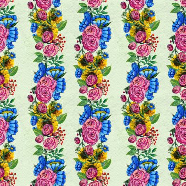 Mavi sarı ve pembe çiçekler ile Seamless Modeli