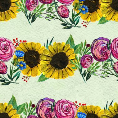 Mavi sarı ve pembe çiçekler ile Seamless Modeli