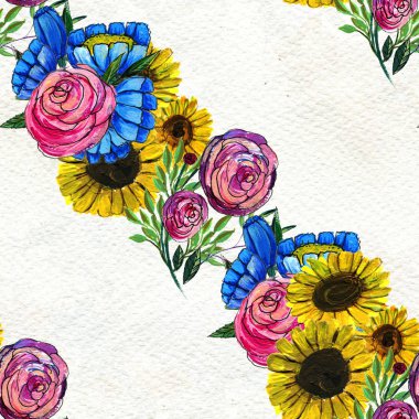 Mavi sarı ve pembe çiçekler ile Seamless Modeli