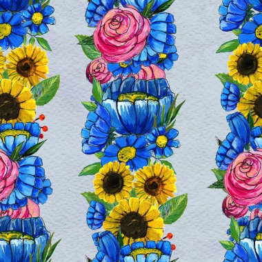 Mavi sarı ve pembe çiçekler ile Seamless Modeli