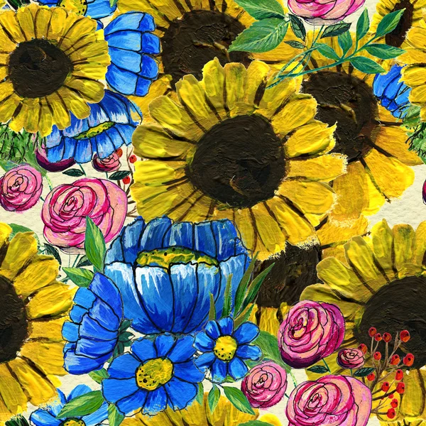 Zökkenőmentes minta kék sárga és rózsaszín virágokkal — Stock Fotó