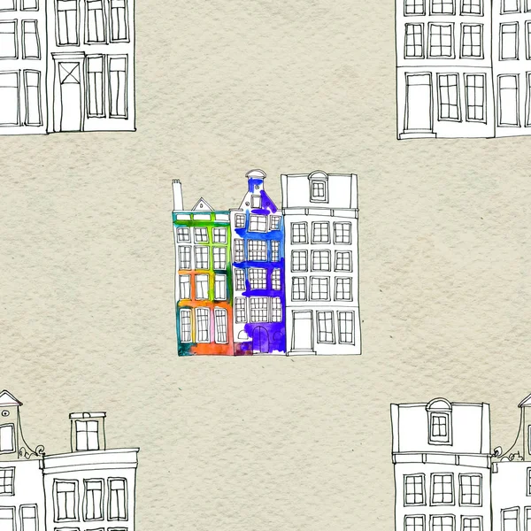 Seamless pattern eith watercolor Amsterdam houses