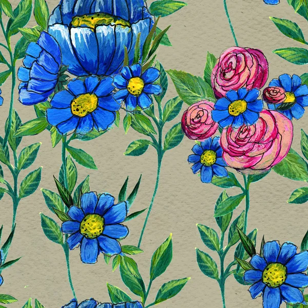 Padrão sem costura com flores azuis e rosa — Fotografia de Stock