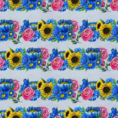 Mavi sarı ve pembe çiçekler ile Seamless Modeli