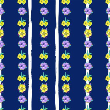 Çizgili beyaz-mavi arka plan üzerinde egzotik renkli çiçekler