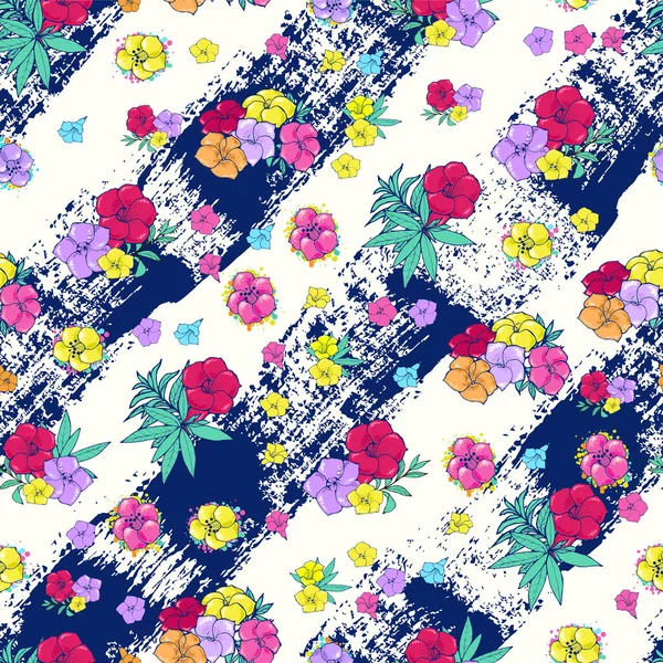 Çizgili beyaz-mavi arka plan üzerinde egzotik renkli çiçekler