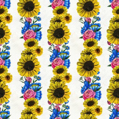 Mavi sarı ve pembe çiçekler ile Seamless Modeli