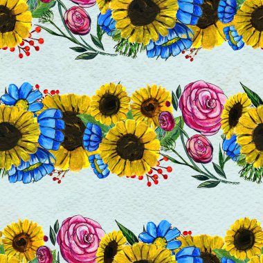 Mavi sarı ve pembe çiçekler ile Seamless Modeli