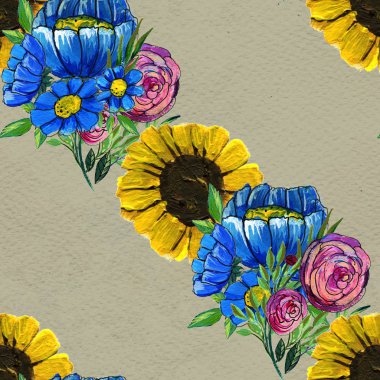 Mavi sarı ve pembe çiçekler ile Seamless Modeli