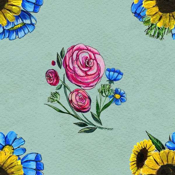 Безшовний візерунок з синіми жовтими і рожевими квітами — стокове фото
