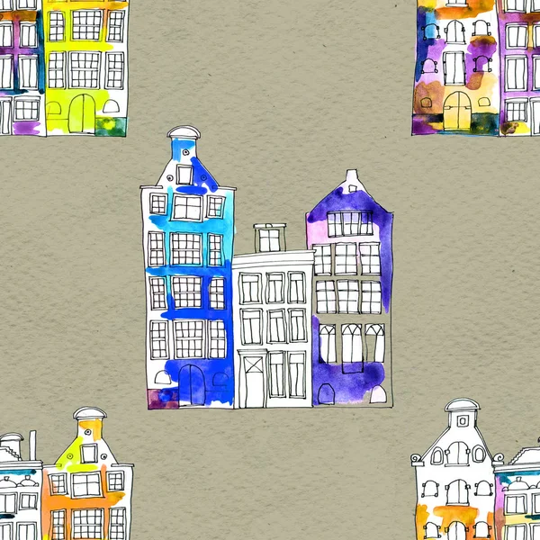 Seamless pattern eith watercolor Amsterdam houses