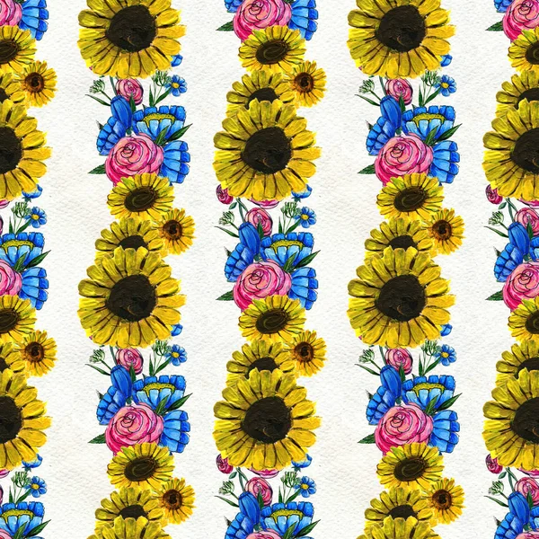 Безшовний візерунок з синіми жовтими і рожевими квітами — стокове фото